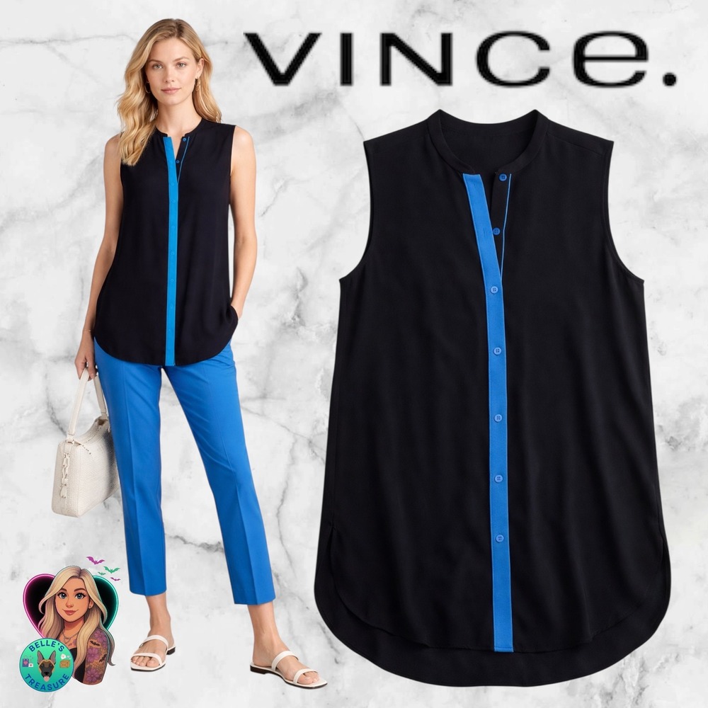 Vince Silk Sleeveless Blouse Black Blue Contrast Button Down Tunic Top XS